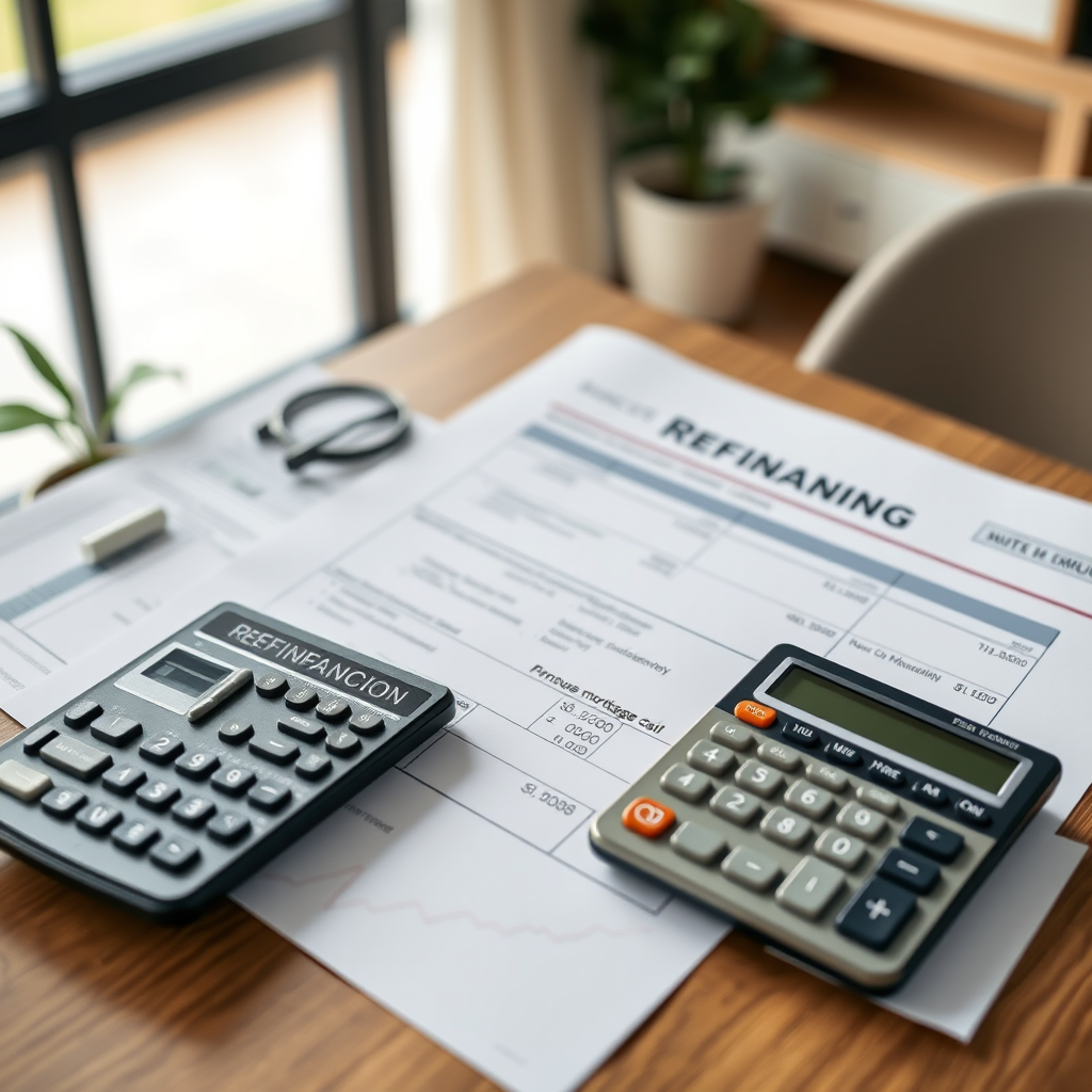 Modern home with calculator and financial documents showing refinancing process and mortgage paperwork on a desk