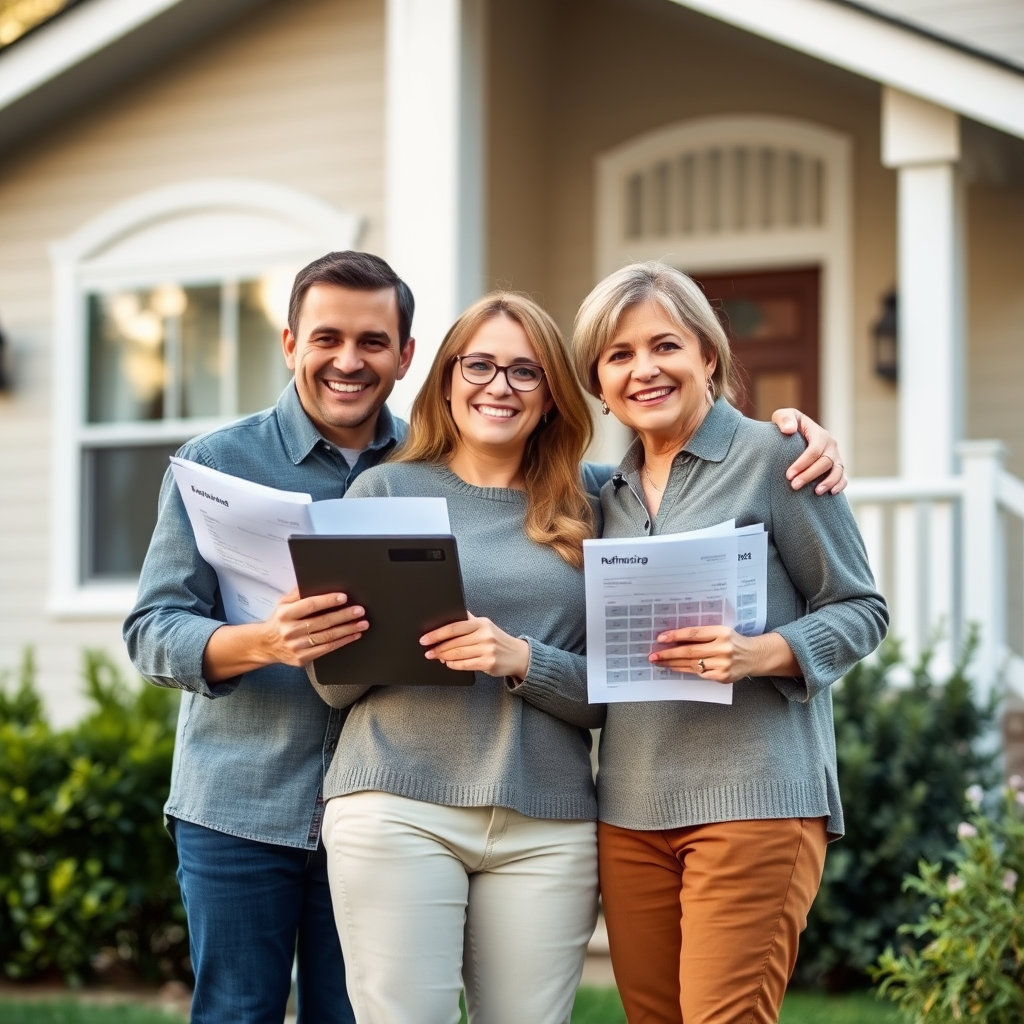 Happy family in front of their refinanced home with financial documents and calculator showing successful refinancing outcome