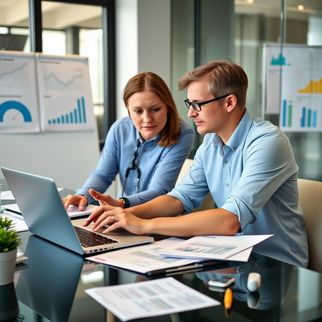 Professional financial advisor helping individual client with personal budget planning and expense tracking on laptop, modern office setting with charts and financial documents