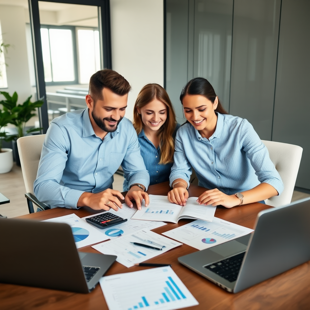 Professional financial advisor helping a young couple review their personal budget and financial planning documents on a modern desk with calculator, charts, and laptop