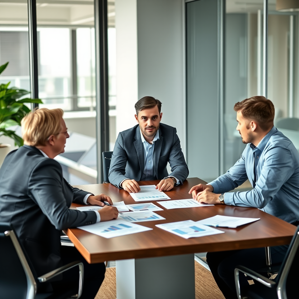 Professional business meeting with entrepreneurs discussing financing options, documents and charts on conference table, modern office setting
