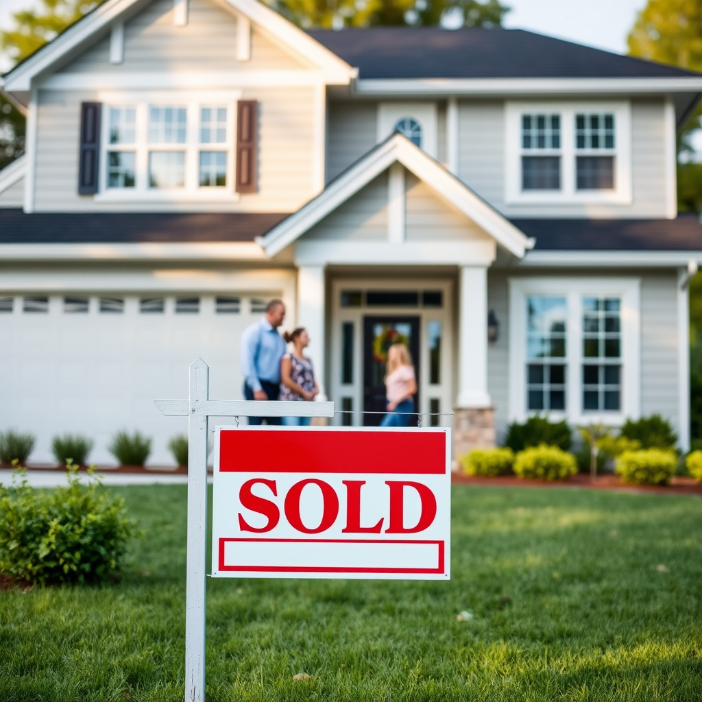 Modern family home with sold sign in front yard, representing successful home financing and homeownership achievement