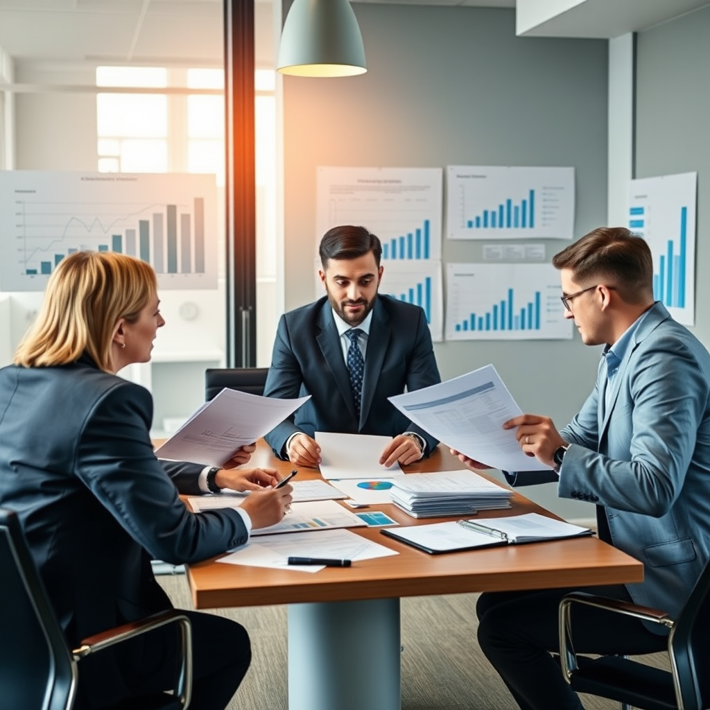 Business meeting with entrepreneurs reviewing financial documents and business plans, professional conference room with charts showing business growth and financial planning strategies