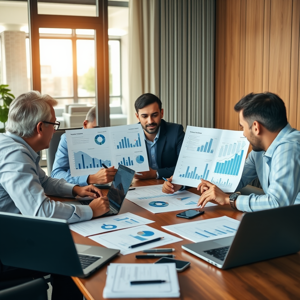Business meeting with entrepreneurs reviewing financial planning documents and charts for commercial financing, with laptops and business reports on a conference table