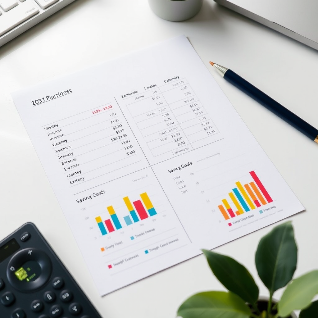 Clean and organized budget planning worksheet showing monthly income, expenses, and savings goals with colorful charts and graphs on a white desk