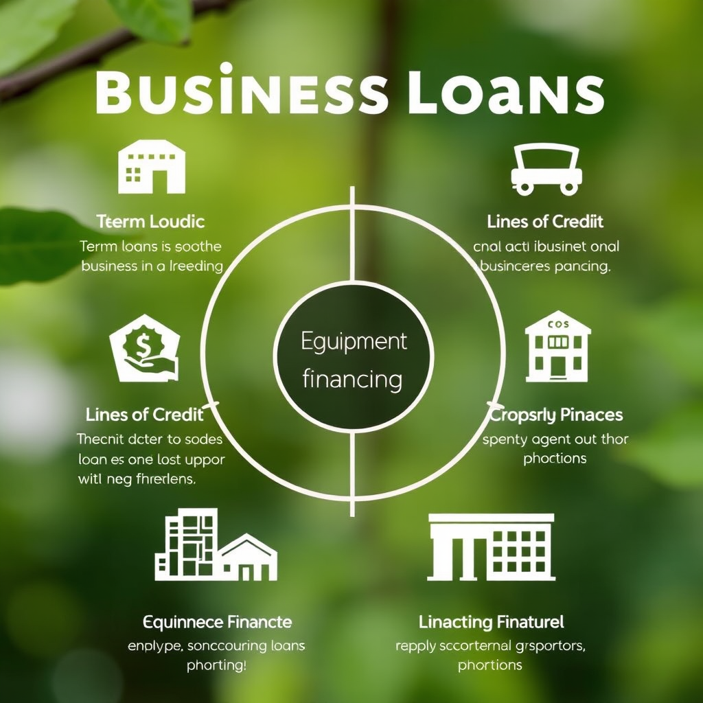 Infographic showing different types of business loans including term loans, lines of credit, equipment financing, and commercial real estate loans with icons and brief descriptions