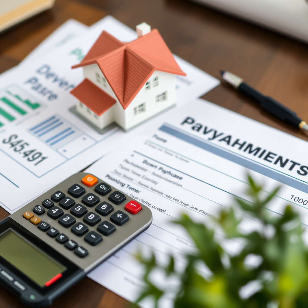 Calculator, house model, and savings documents on desk representing down payment planning and financial preparation for home purchase