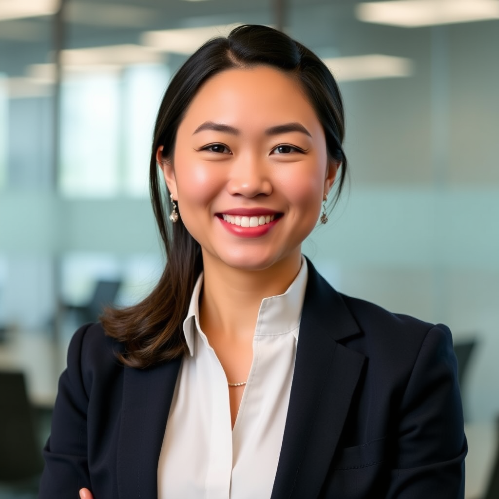 Professional headshot of Jennifer Chen, Budget Management Expert, wearing elegant business attire with friendly demeanor, modern office background