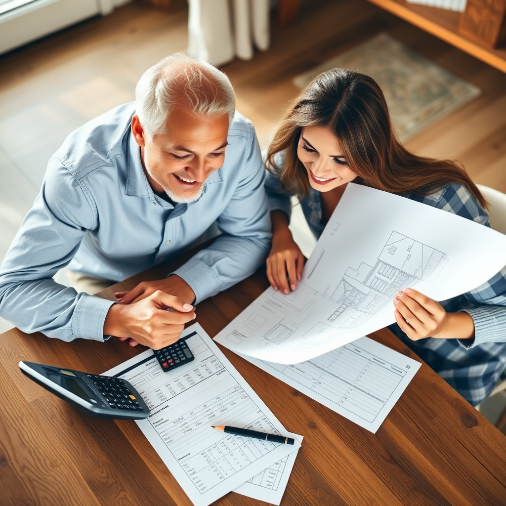 Happy family looking at house blueprints and financial planning documents for home financing, with calculator and expense tracking sheets on a wooden table