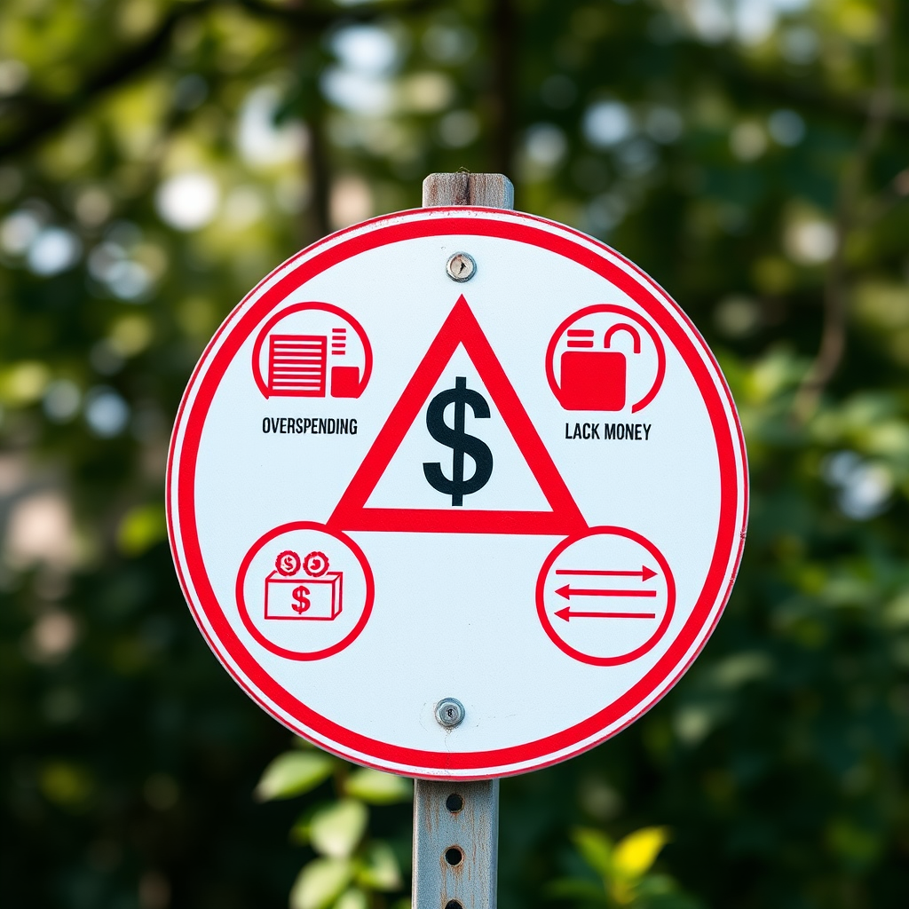 Warning sign with financial symbols showing common money mistakes like overspending, high interest debt, and lack of emergency savings in red and white colors