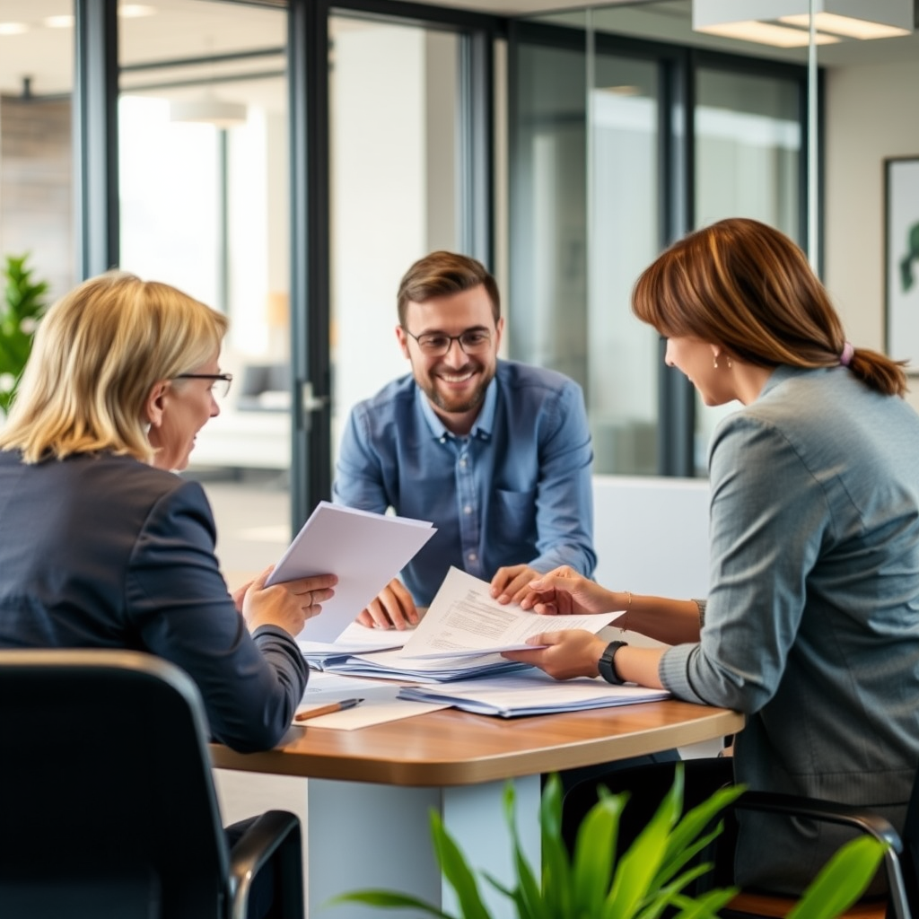 Professional loan officer reviewing home financing application documents with potential homebuyers in modern office setting
