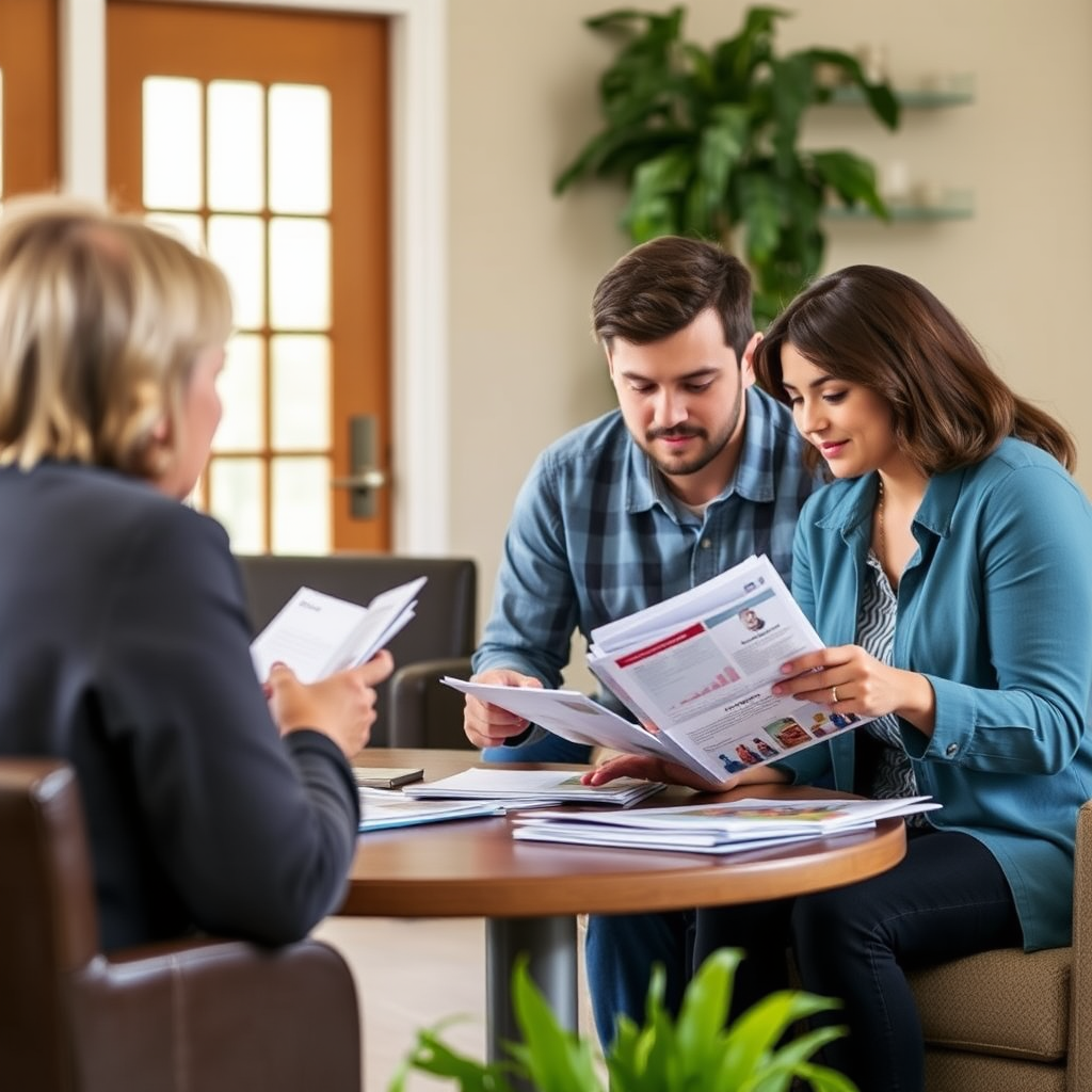 Young couple meeting with housing counselor reviewing first-time homebuyer program materials and educational resources
